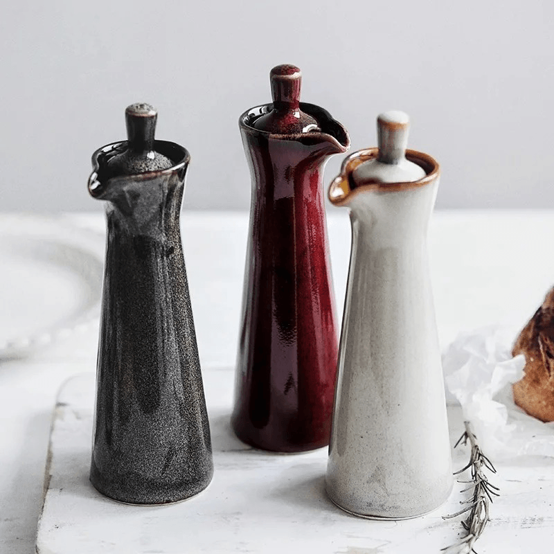 Ceramic Run Glaze Oil & Vinegar Dispenser | Stoneware Pour Bottle | Qonforta