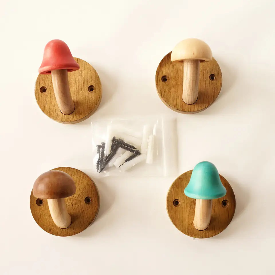 Wood Mushroom Wall Hook Set | Colorful Kids Coat Hooks | Qonforta