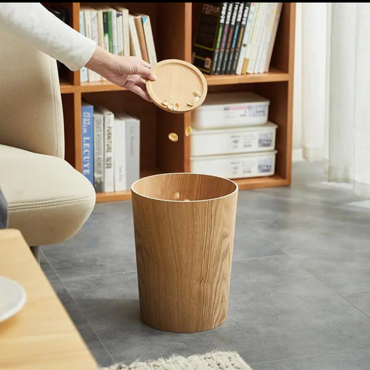 Wood-Grain Rotating Lid Trash Bin | Timber-Style Waste Bin | Qonforta