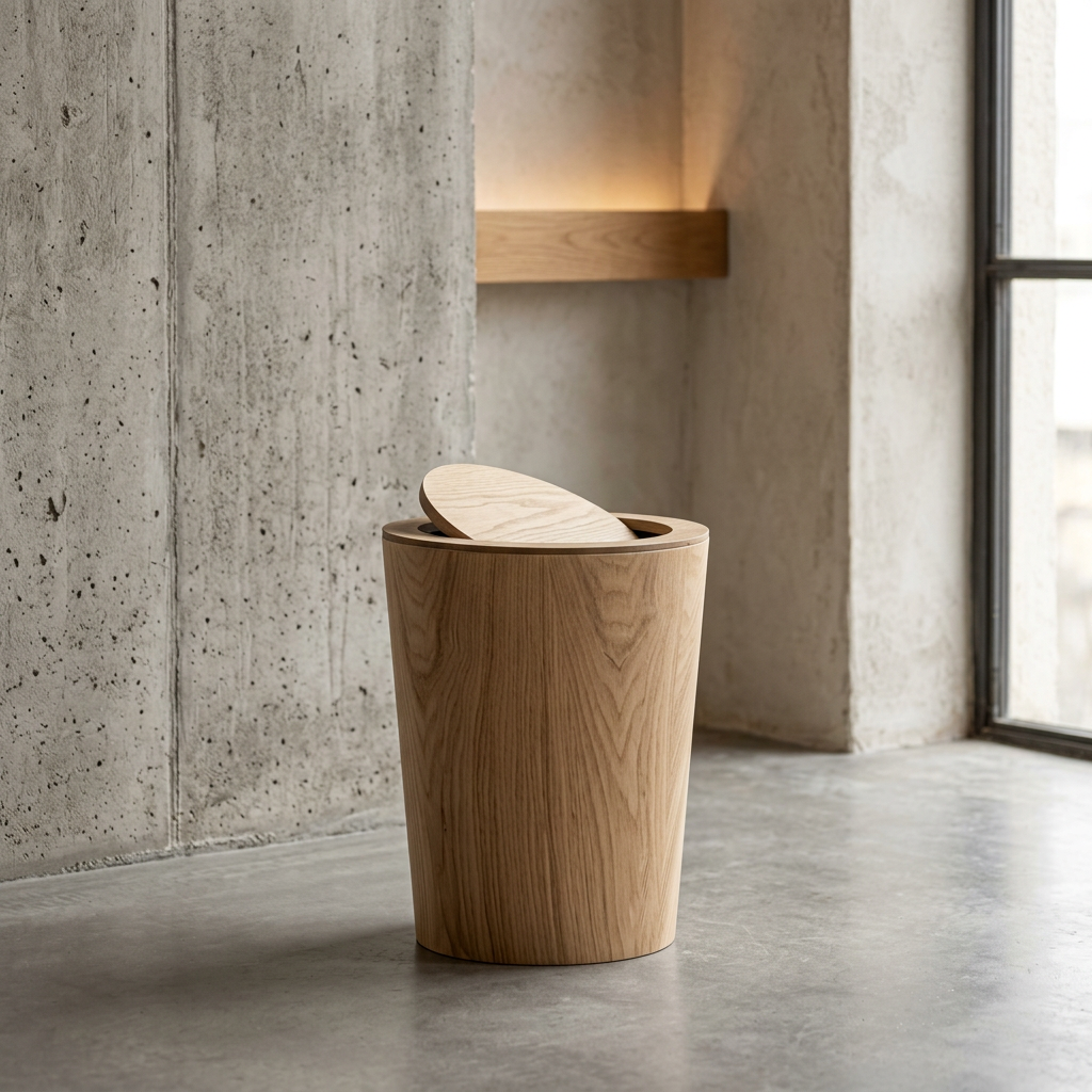 Wood-Grain Rotating Lid Trash Bin | Timber-Style Waste Bin | Qonforta