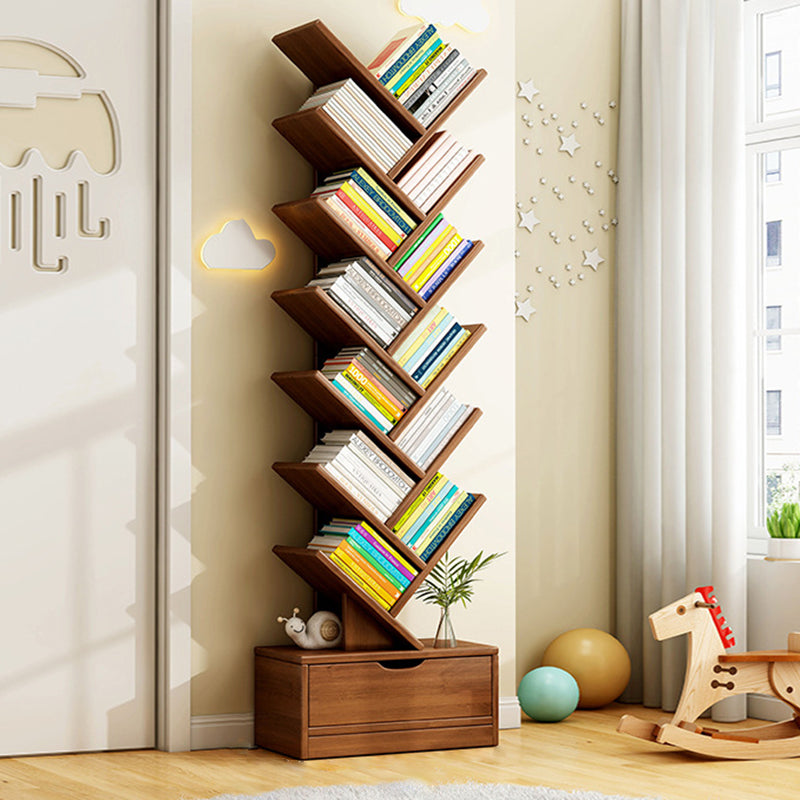 Wood Tree Bookshelf | Freestanding Book Tower with Drawer | Qonforta