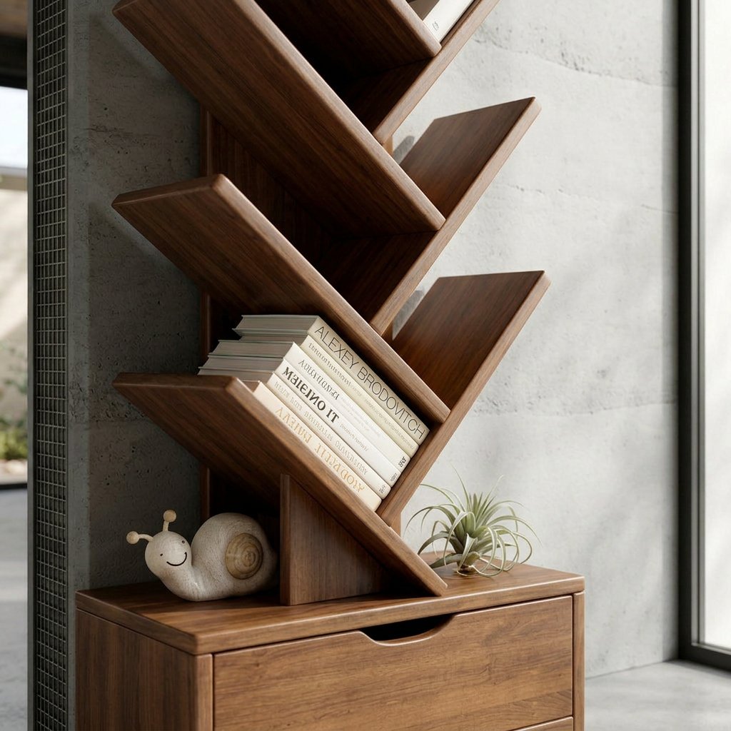 Wood Tree Bookshelf | Freestanding Book Tower with Drawer | Qonforta