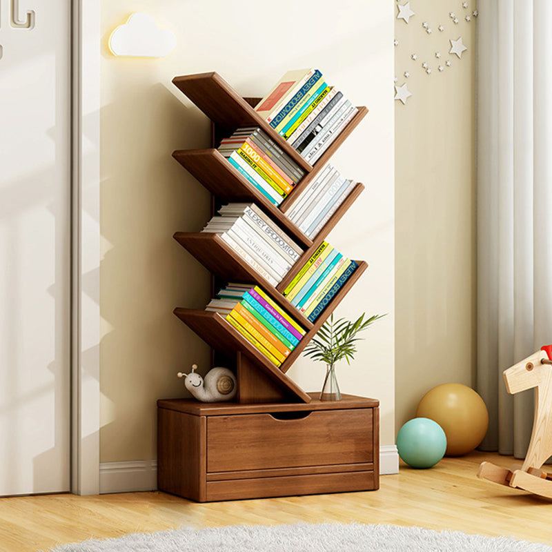Wood Tree Bookshelf | Freestanding Book Tower with Drawer | Qonforta