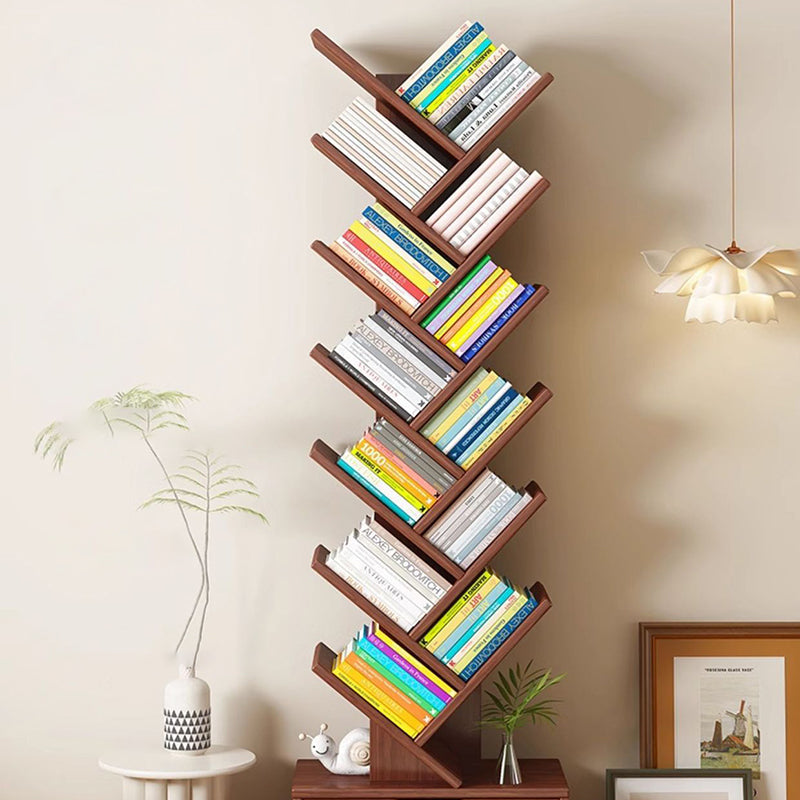 Wood Tree Bookshelf | Freestanding Book Tower with Drawer | Qonforta