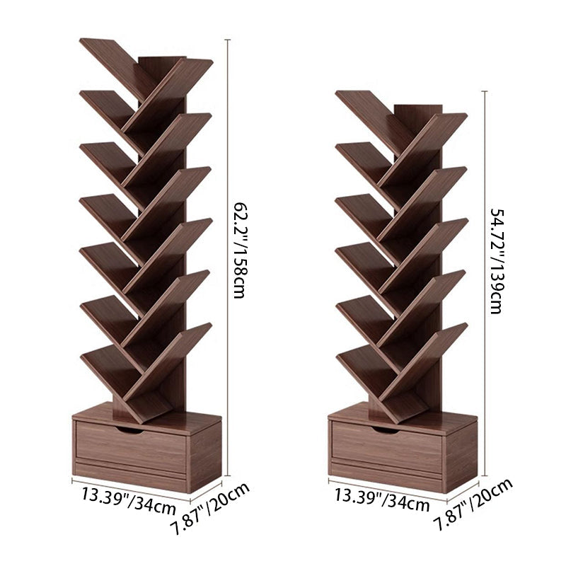 Wood Tree Bookshelf | Freestanding Book Tower with Drawer | Qonforta