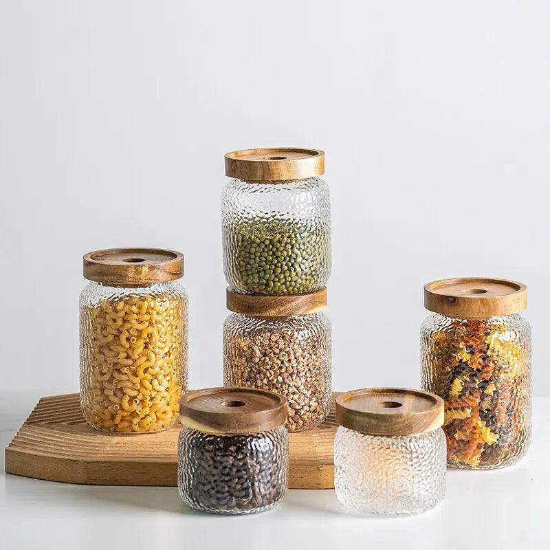 Hammered Glass Airtight Jar | Dark Wood Lid Storage Jar | Qonforta