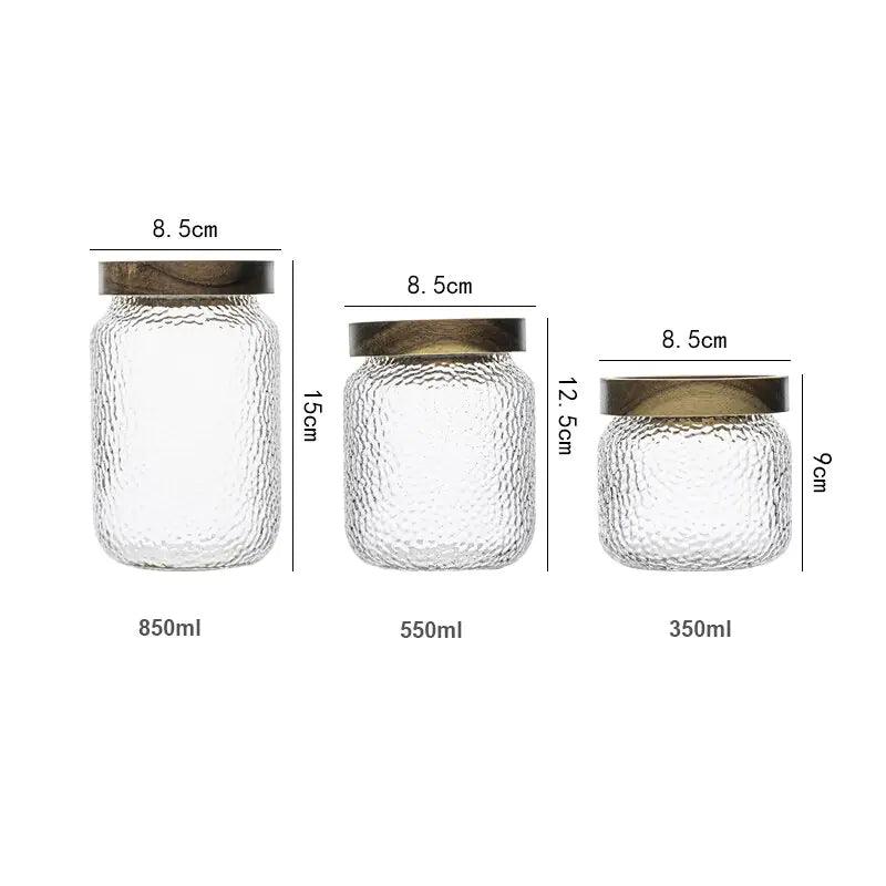 Hammered Glass Airtight Jar | Dark Wood Lid Storage Jar | Qonforta