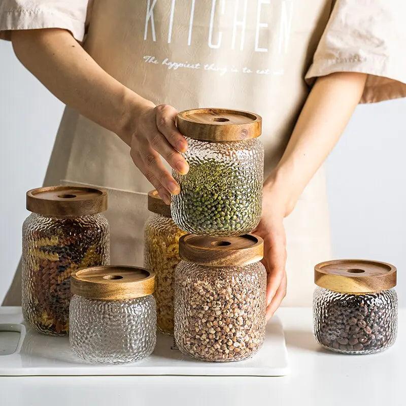 Hammered Glass Airtight Jar | Dark Wood Lid Storage Jar | Qonforta