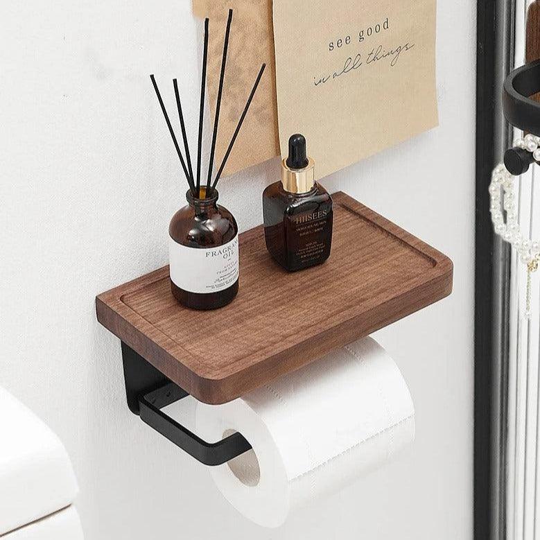 Wall-Mounted Wood Toilet Paper Holder | Walnut Storage Ledge | Qonforta