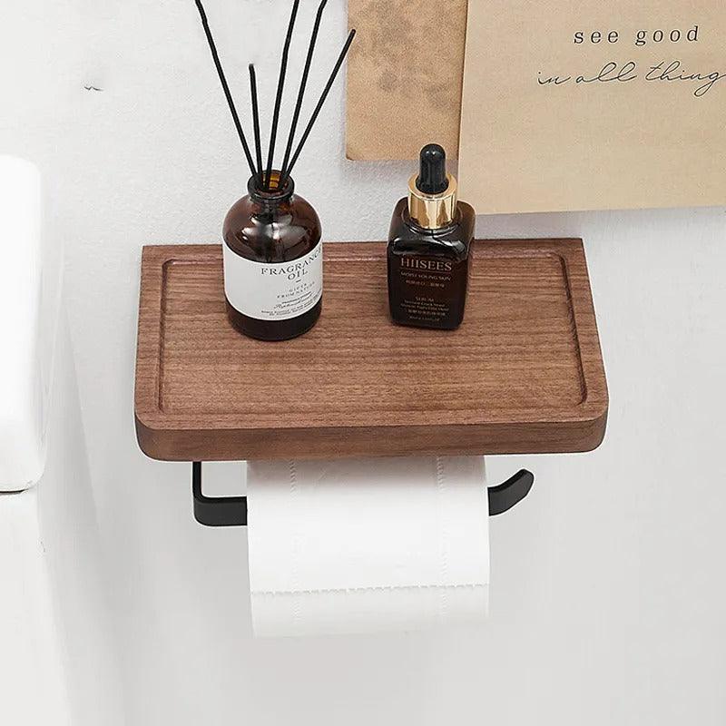 Wall-Mounted Wood Toilet Paper Holder | Walnut Storage Ledge | Qonforta