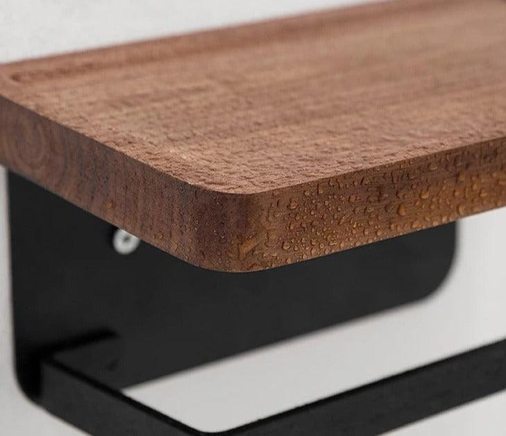 Wall-Mounted Wood Toilet Paper Holder | Walnut Storage Ledge | Qonforta