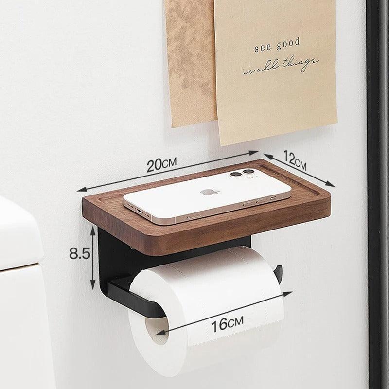 Wall-Mounted Wood Toilet Paper Holder | Walnut Storage Ledge | Qonforta