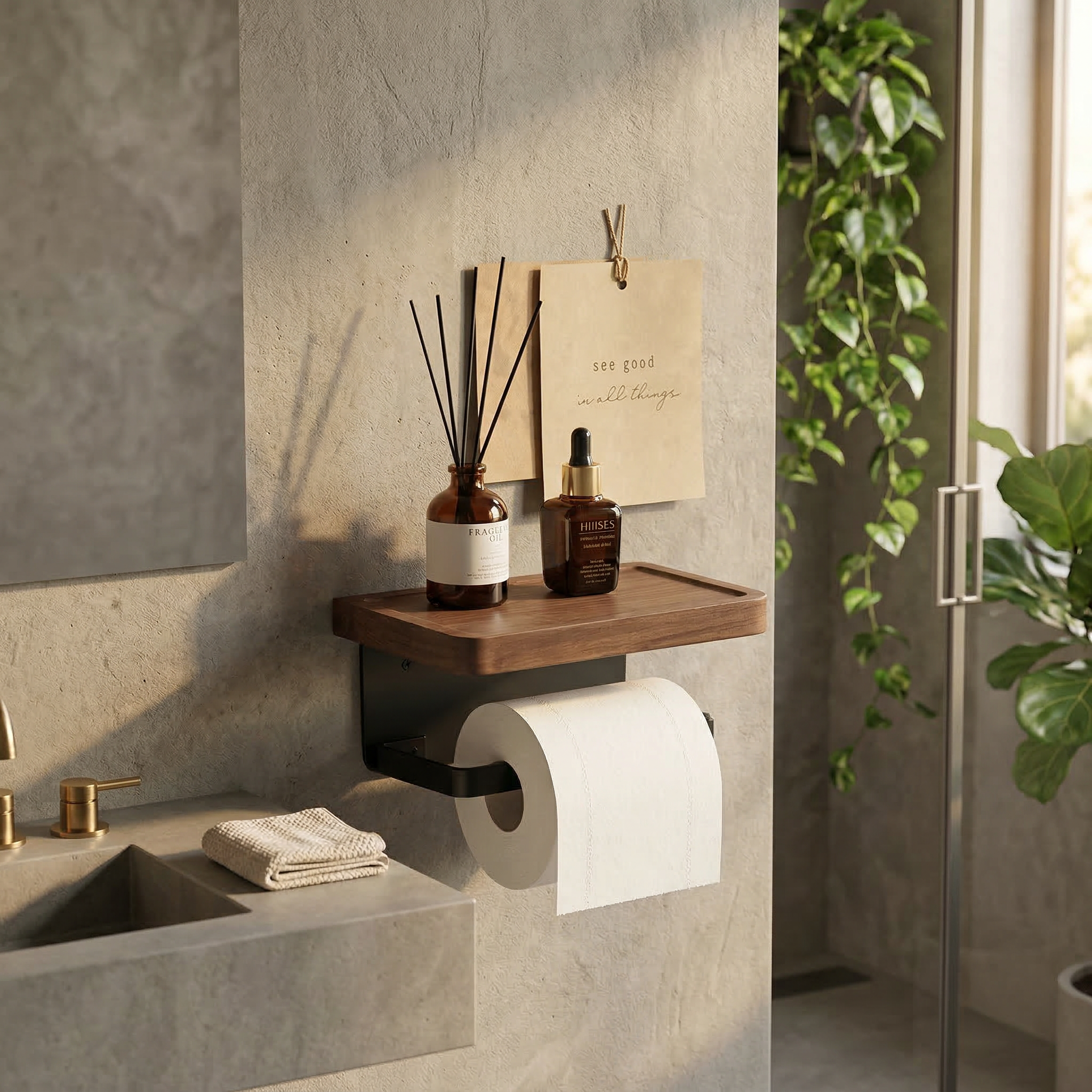 Wall-Mounted Wood Toilet Paper Holder | Walnut Storage Ledge | Qonforta