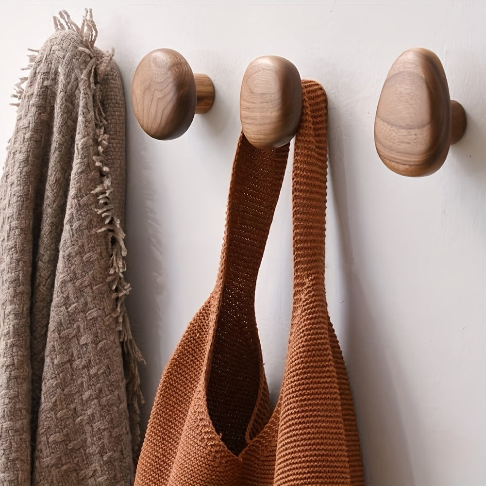 Wood Pebble Wall Hook Set | Organic River-Stone Shaped Hooks | Qonforta