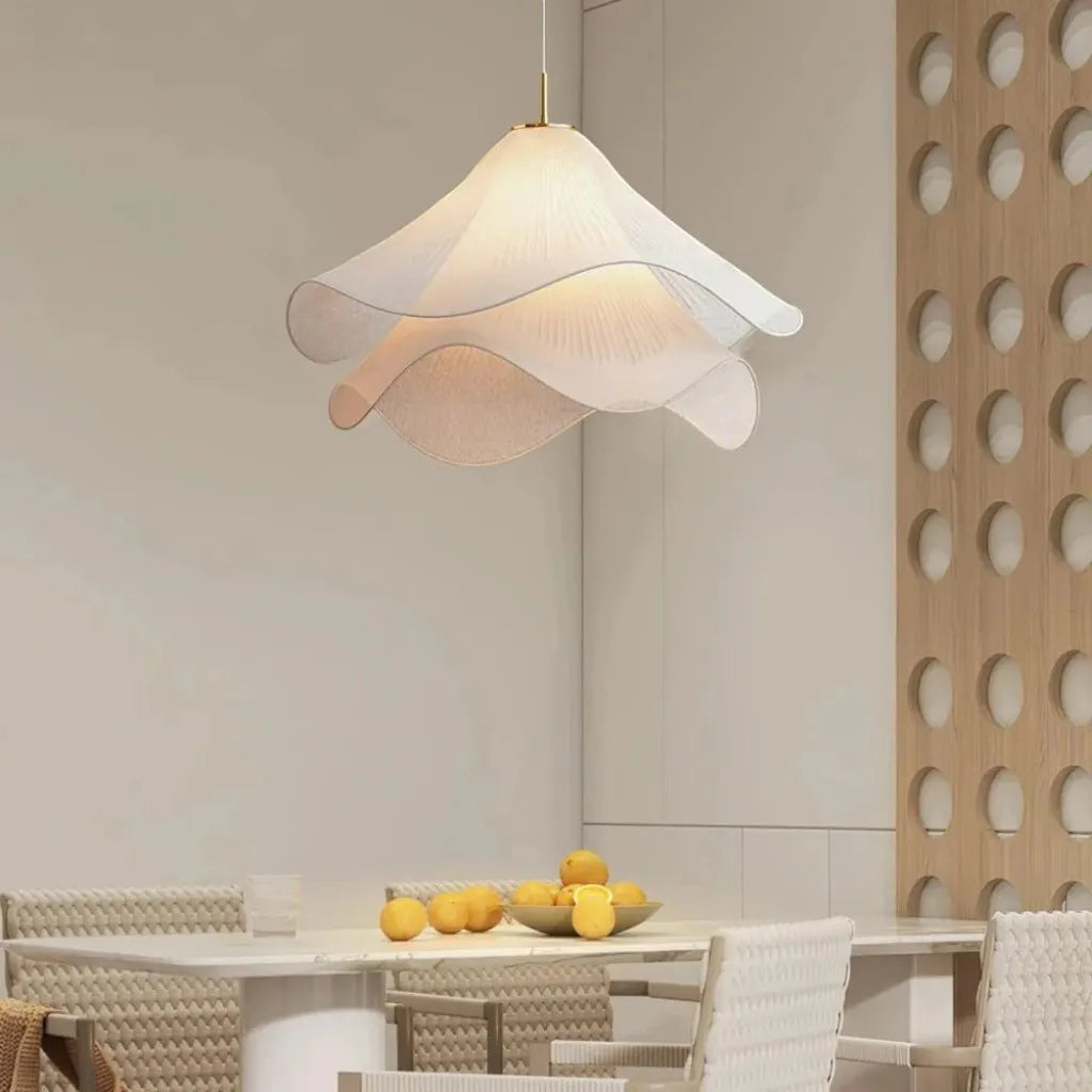 Fabric Pendant Light | Pleated Petal Shade, Brushed Brass | Qonforta