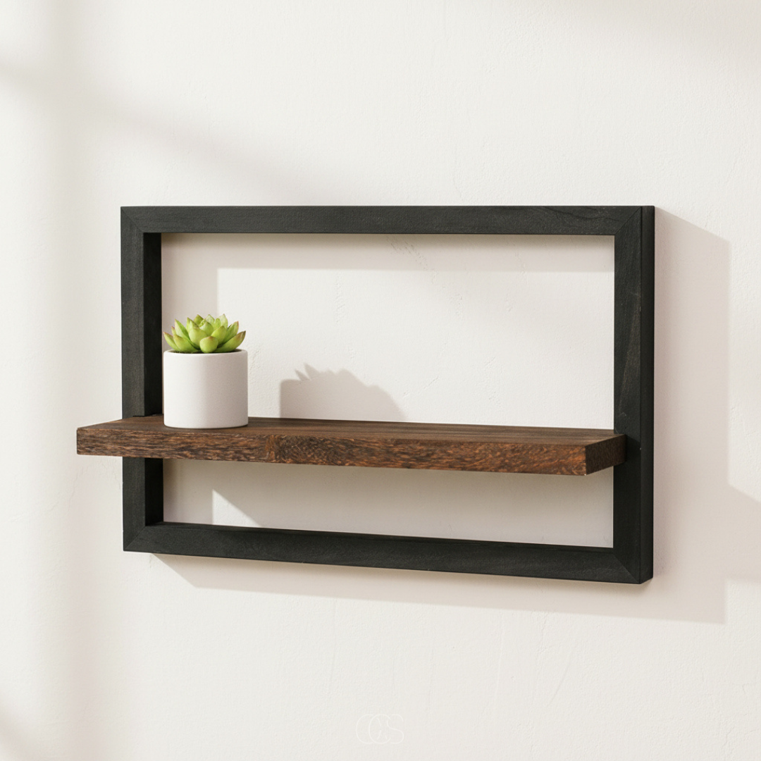 Industrial Wood & Metal Floating Shelf | Matte Black Wall Shelf | Qonforta