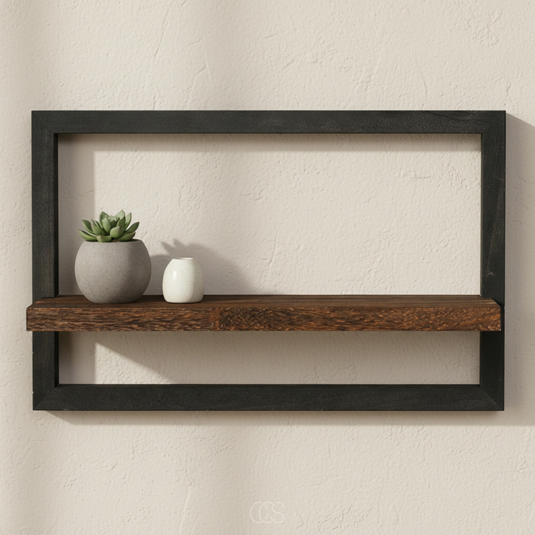 Industrial Wood & Metal Floating Shelf | Matte Black Wall Shelf | Qonforta