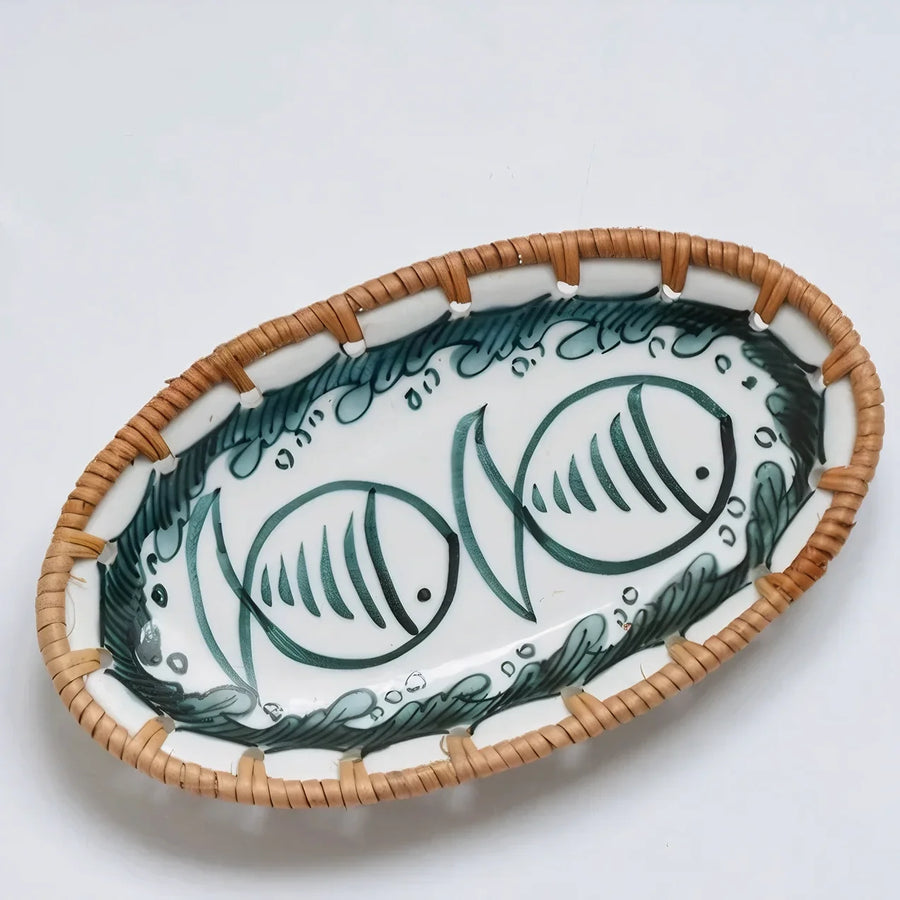 Oval Ceramic Serving Plate with Woven Rim, 5 Patterns | Qonforta, Fish
