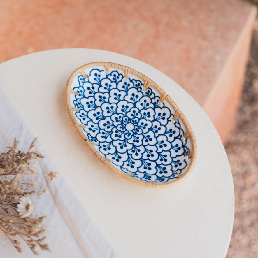 Oval serving plate with blue flowers seen from above