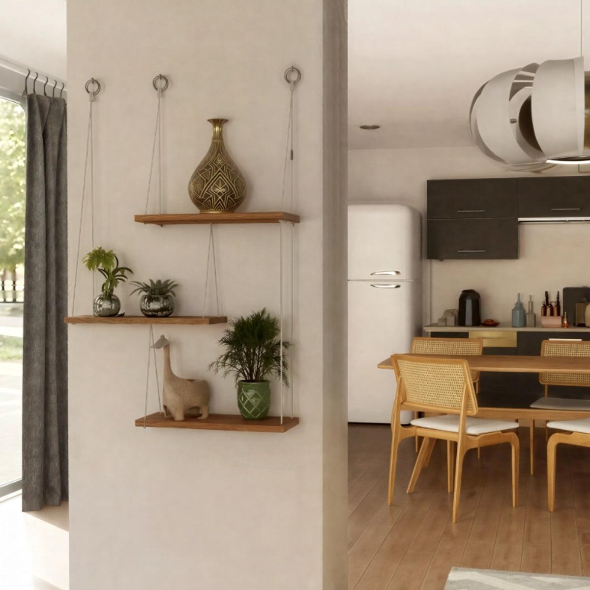 Tiered Hanging Wood Shelf | 3-Tier Rope Floating Shelf | Qonforta