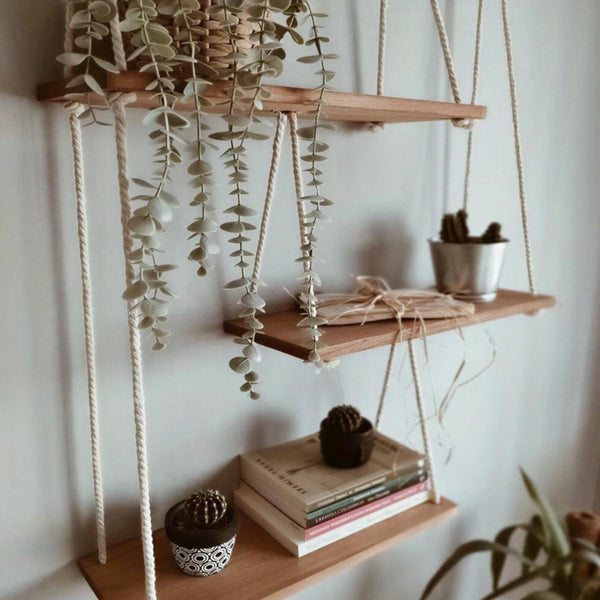 Tiered Hanging Wood Shelf | 3-Tier Rope Floating Shelf | Qonforta