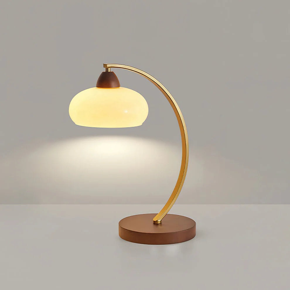 Curved Arm Vintage Table Lamp | Brass Arc, Scalloped Shade & Wood Base | Qonforta