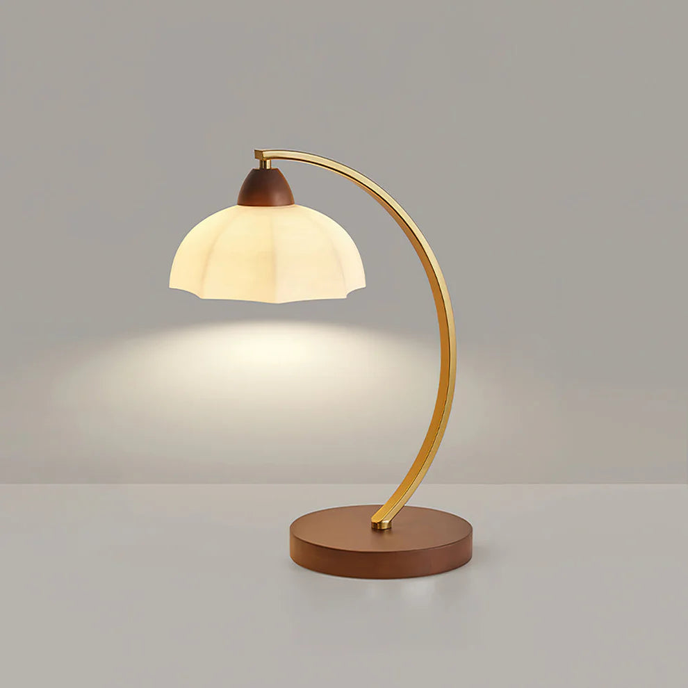 Curved Arm Vintage Table Lamp | Brass Arc, Scalloped Shade & Wood Base | Qonforta