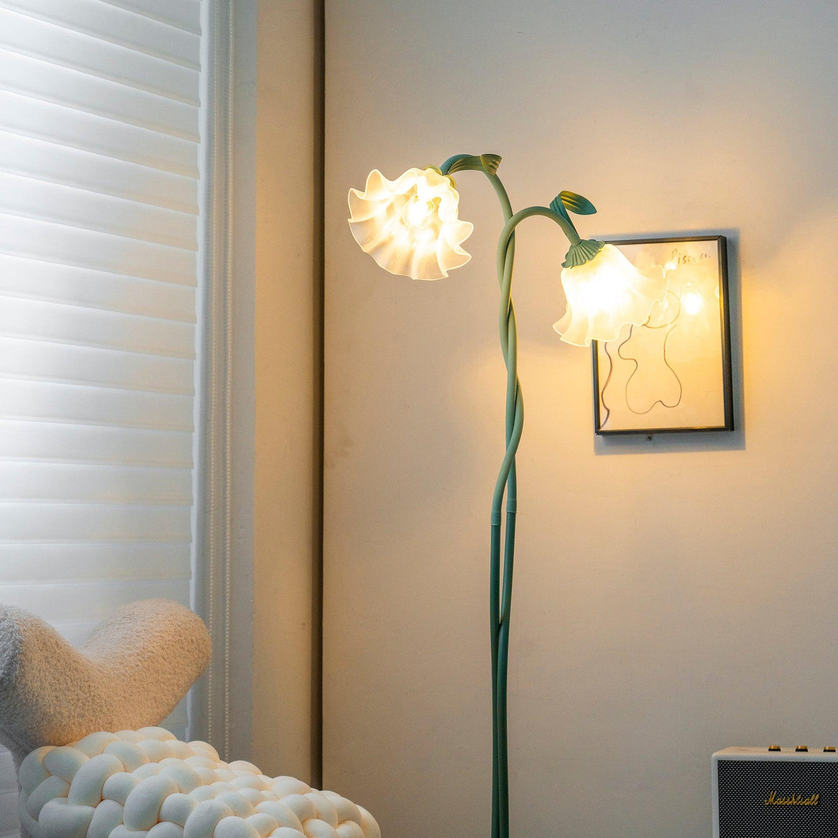 Calla lily floor lamp, green stem white shades - above a dining table