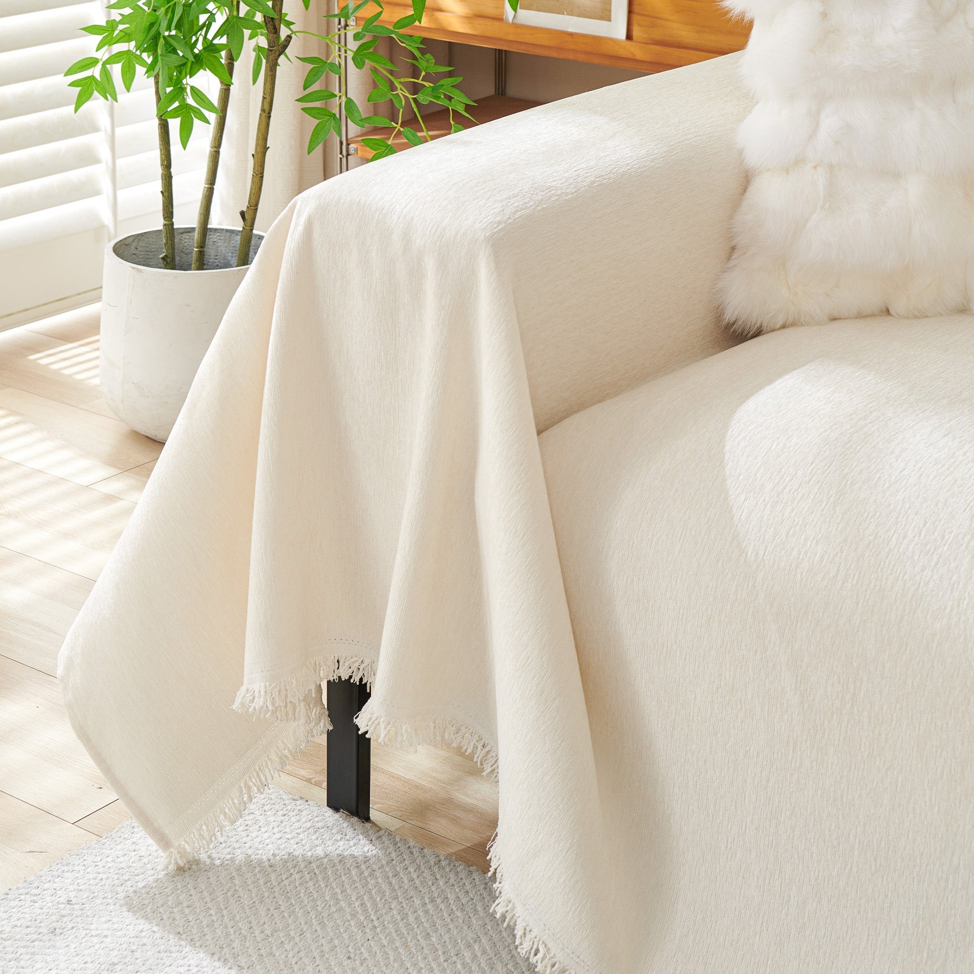 Boho Woven Sofa Cover, Fringed Edge Textile Blend | Washable Furniture Throw | Qonforta