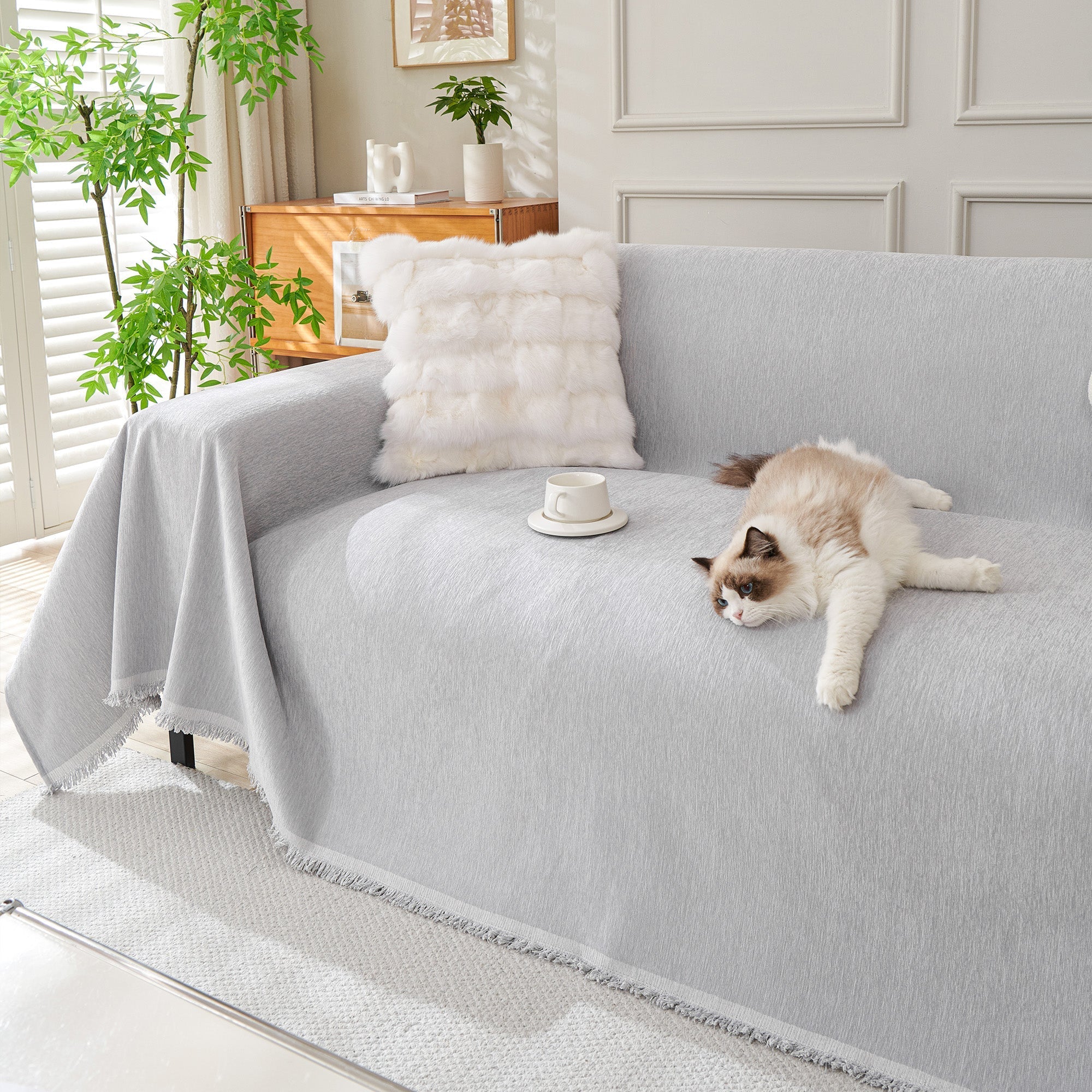 Boho Woven Sofa Cover, Fringed Edge Textile Blend | Washable Furniture Throw | Qonforta