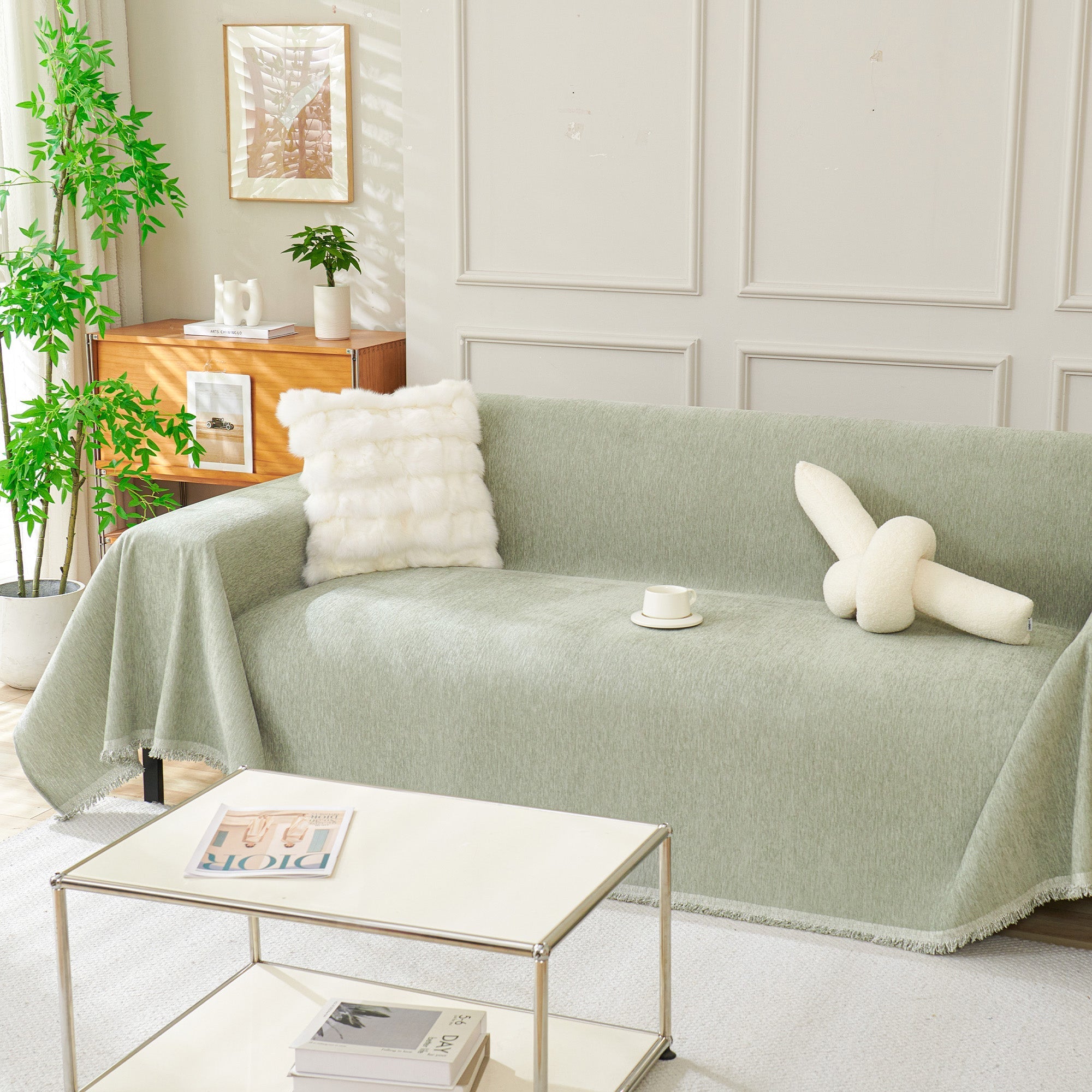 Boho Woven Sofa Cover, Fringed Edge Textile Blend | Washable Furniture Throw | Qonforta