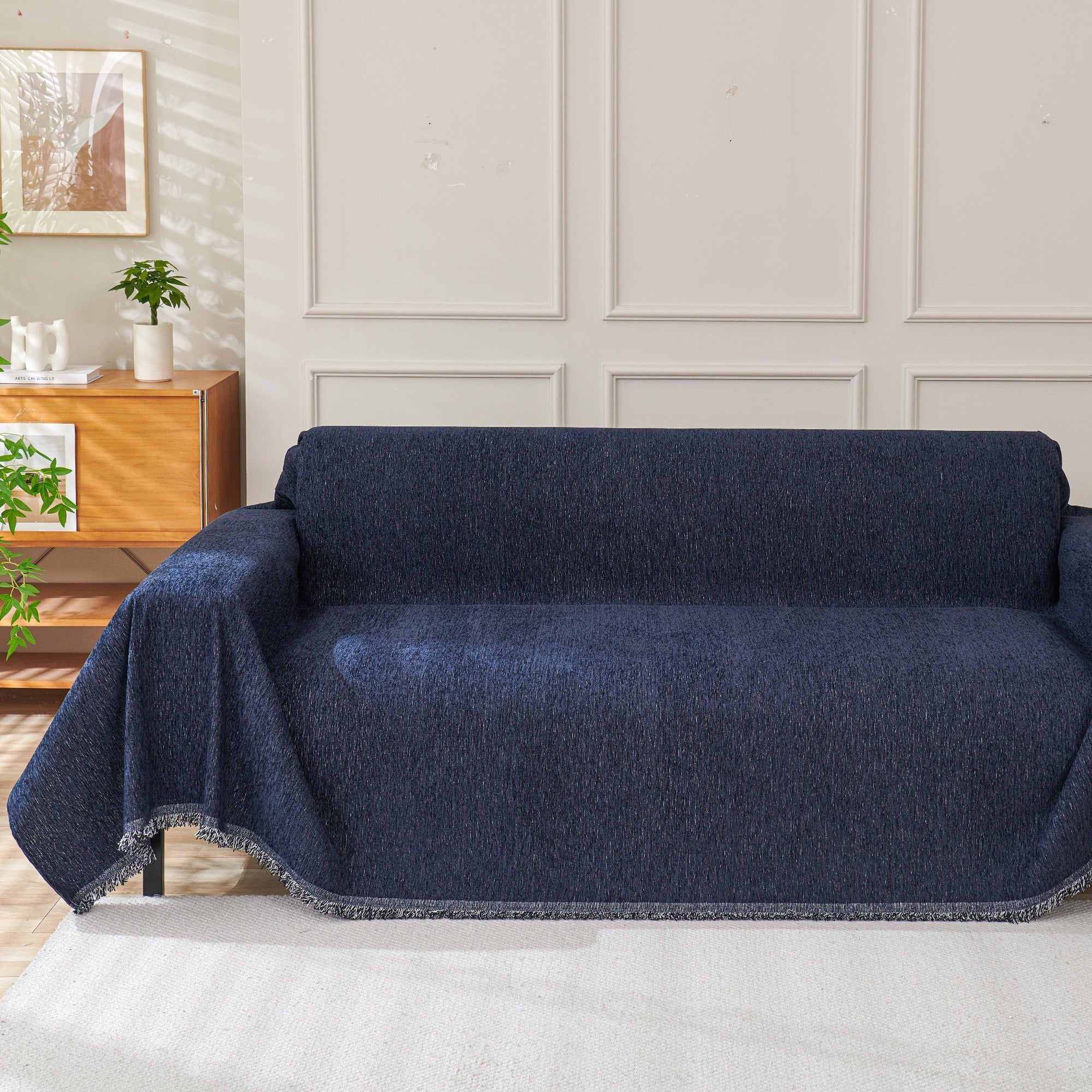 Boho Woven Sofa Cover, Fringed Edge Textile Blend | Washable Furniture Throw | Qonforta