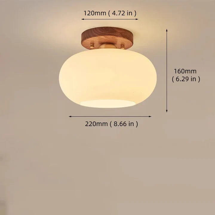 Walnut Wood Glass Globe Flush Mount Ceiling Light | LED Included | Qonforta