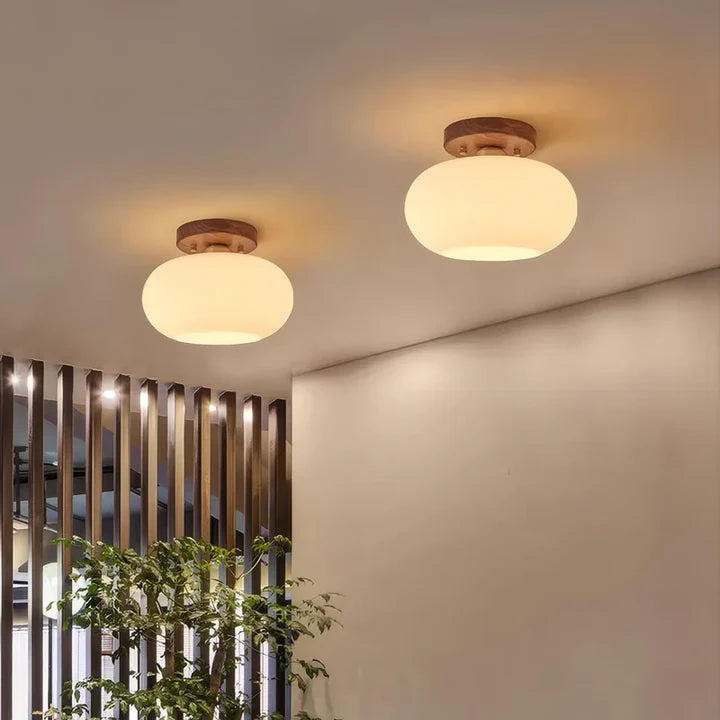 Walnut Wood Glass Globe Flush Mount Ceiling Light | LED Included | Qonforta