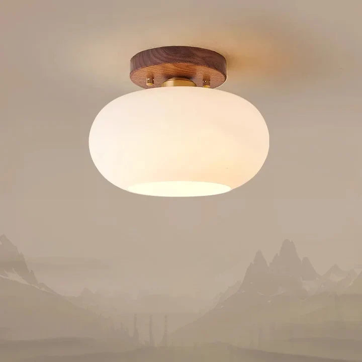 Walnut Wood Glass Globe Flush Mount Ceiling Light | LED Included | Qonforta