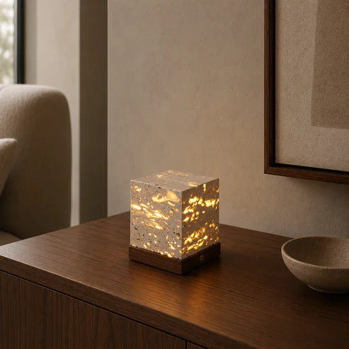 Travertine Cube Table Lamp Perforated Stone LED – 2 Sizes | Qonforta
