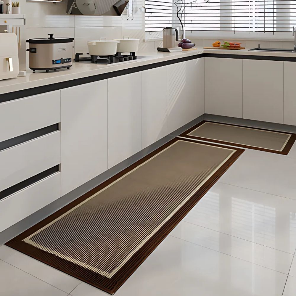 Strata kitchen runner in Mocha along white kitchen cabinets