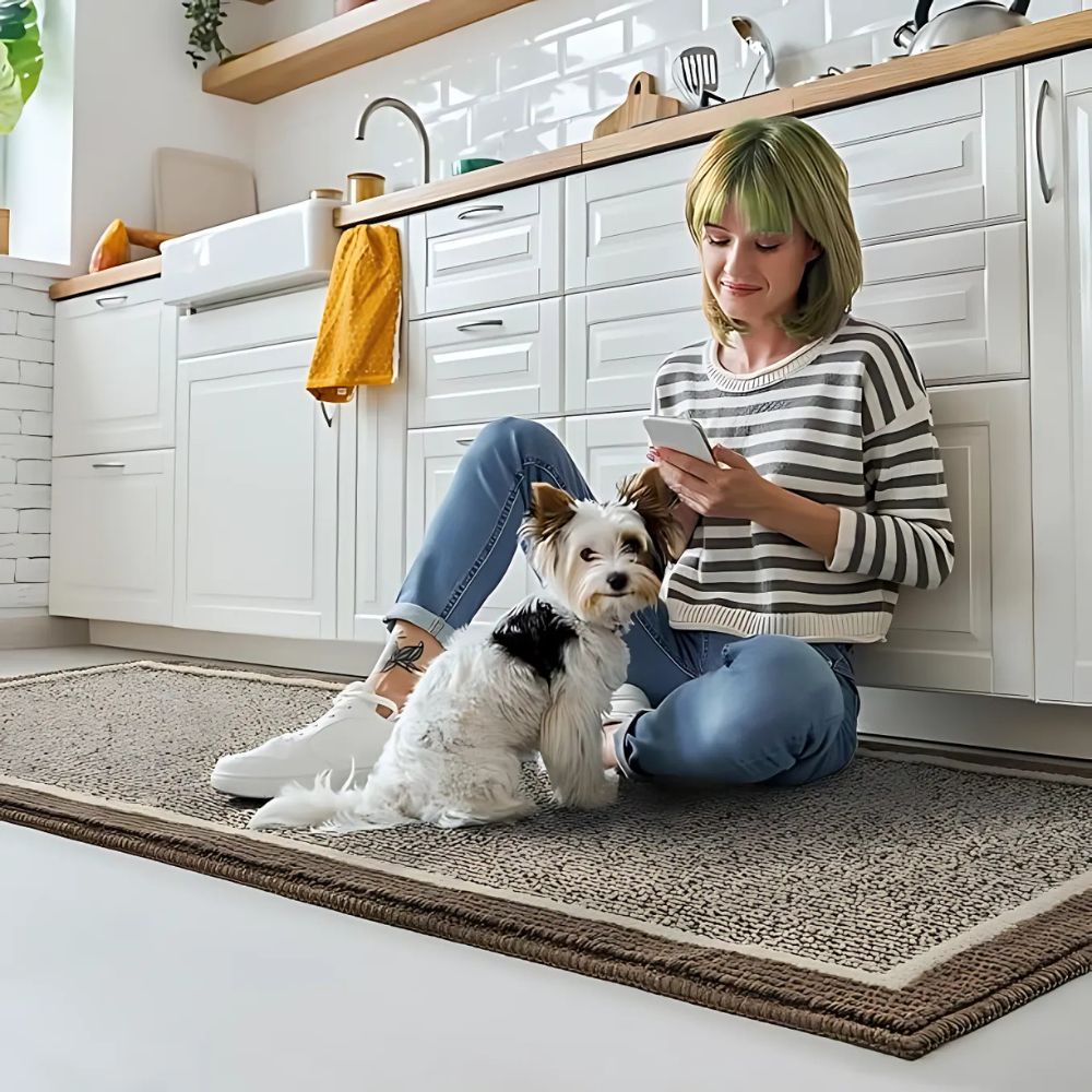 Woman and dog sitting on the Strata kitchen rug