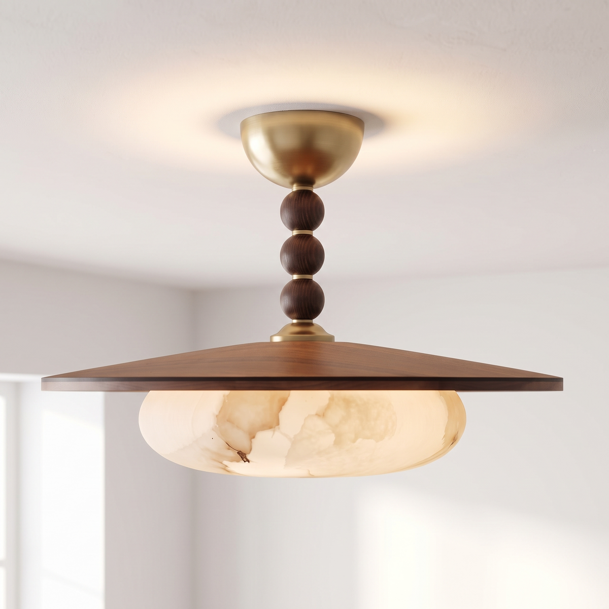 Alabaster or Glass Semi-Flush Mount Ceiling Light with Walnut Color Wood
