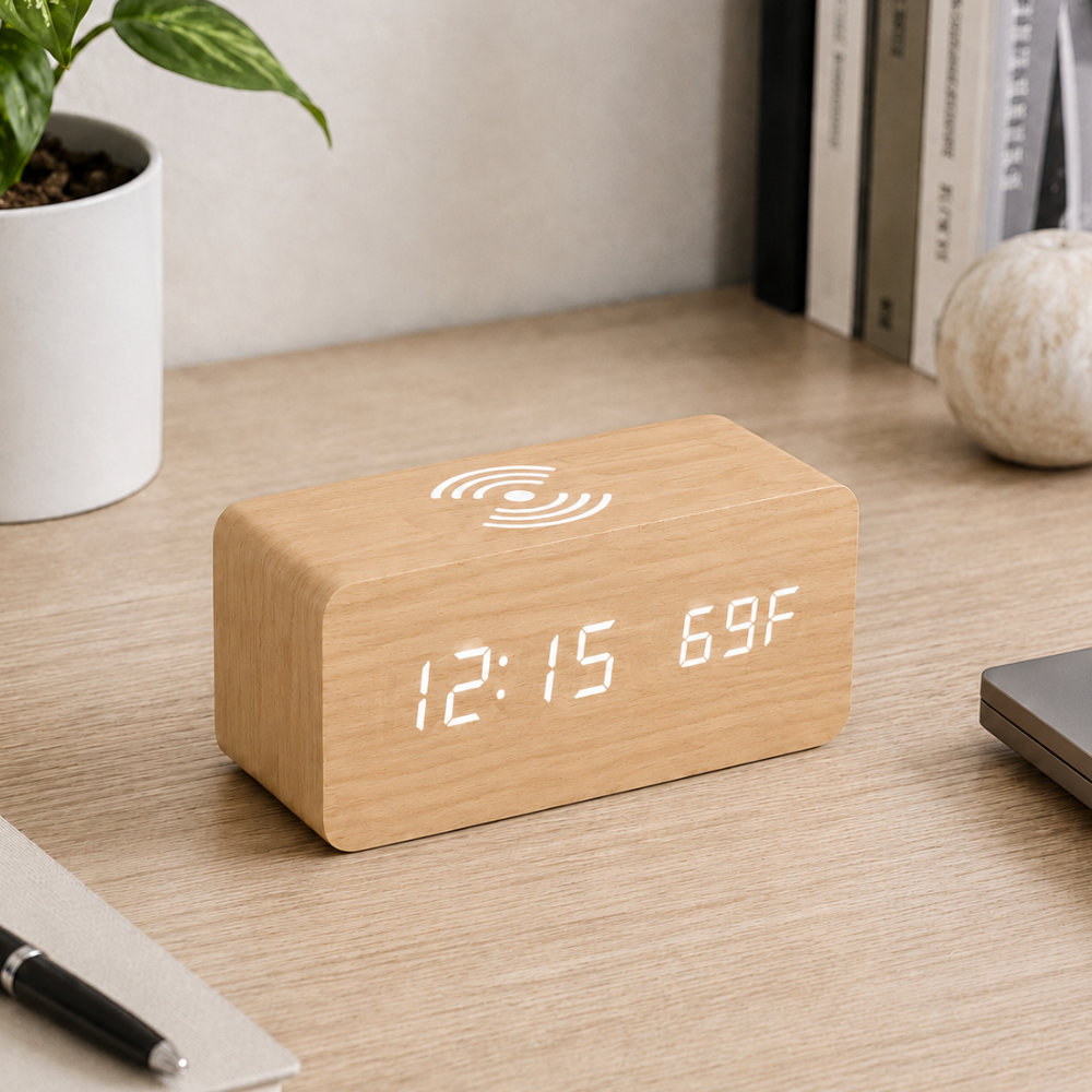 Wooden Alarm Clock | Wireless Charging | Qonforta