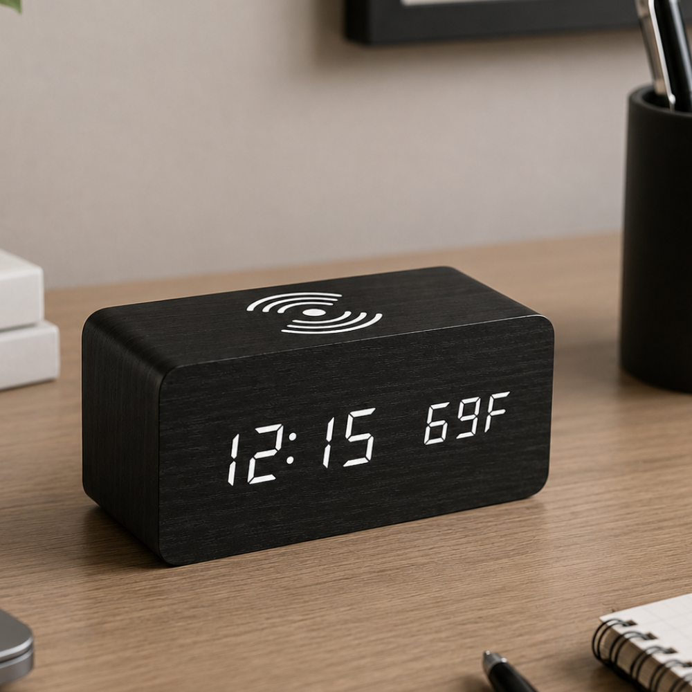 Wooden Alarm Clock | Wireless Charging | Qonforta