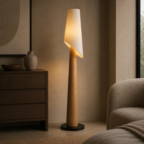 Wooden Floor Lamp Fabric Shade Marble Base – 3 Colors | Qonforta