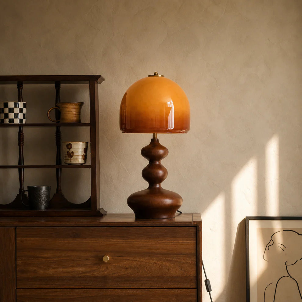 Sculpted Glass Table Lamp Amber Walnut Retro | Qonforta