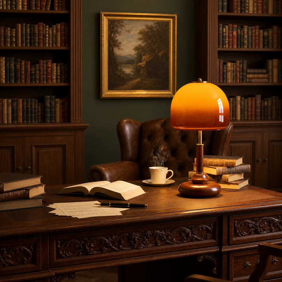 Velora Sculpted Glass Dome Table Lamp | Walnut & Amber | Qonforta