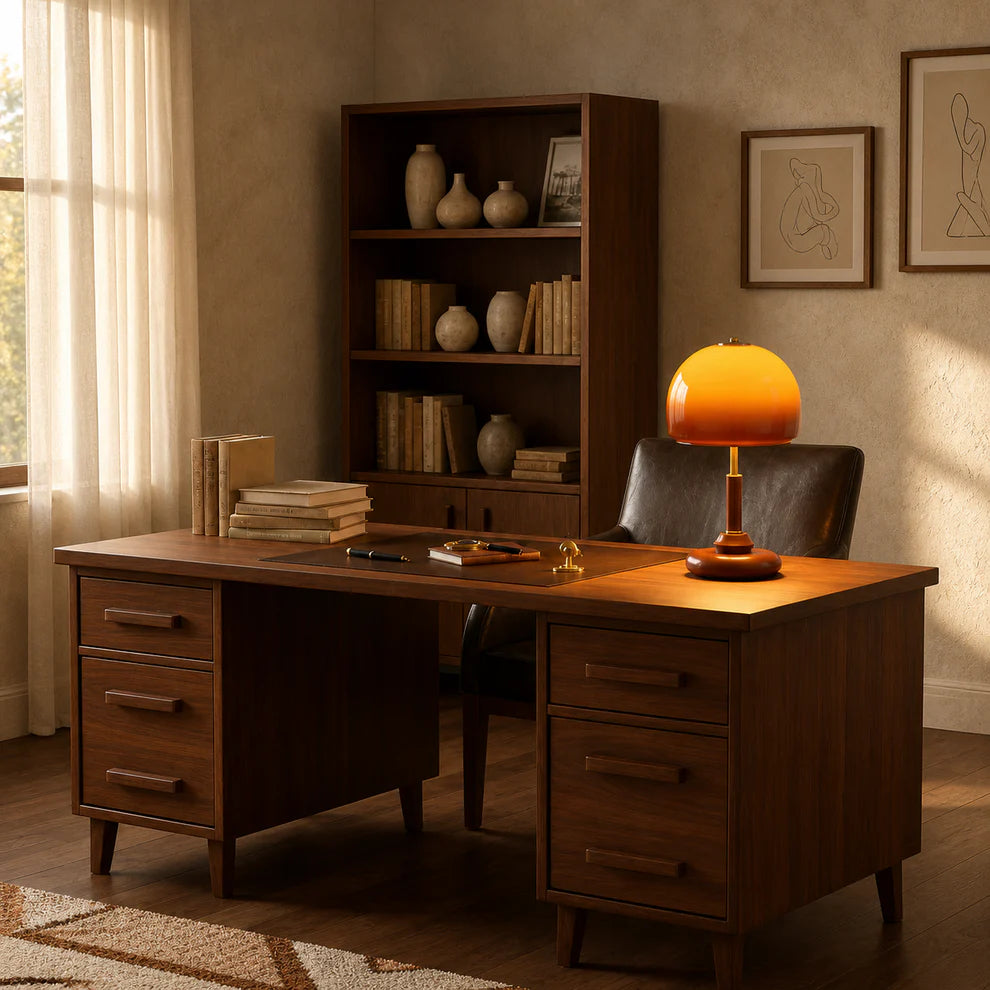 Velora Sculpted Glass Dome Table Lamp | Walnut & Amber | Qonforta