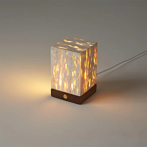 Travertine Cube Table Lamp Perforated Stone LED – 2 Sizes | Qonforta