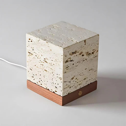 Travertine Cube Table Lamp Perforated Stone LED – 2 Sizes | Qonforta