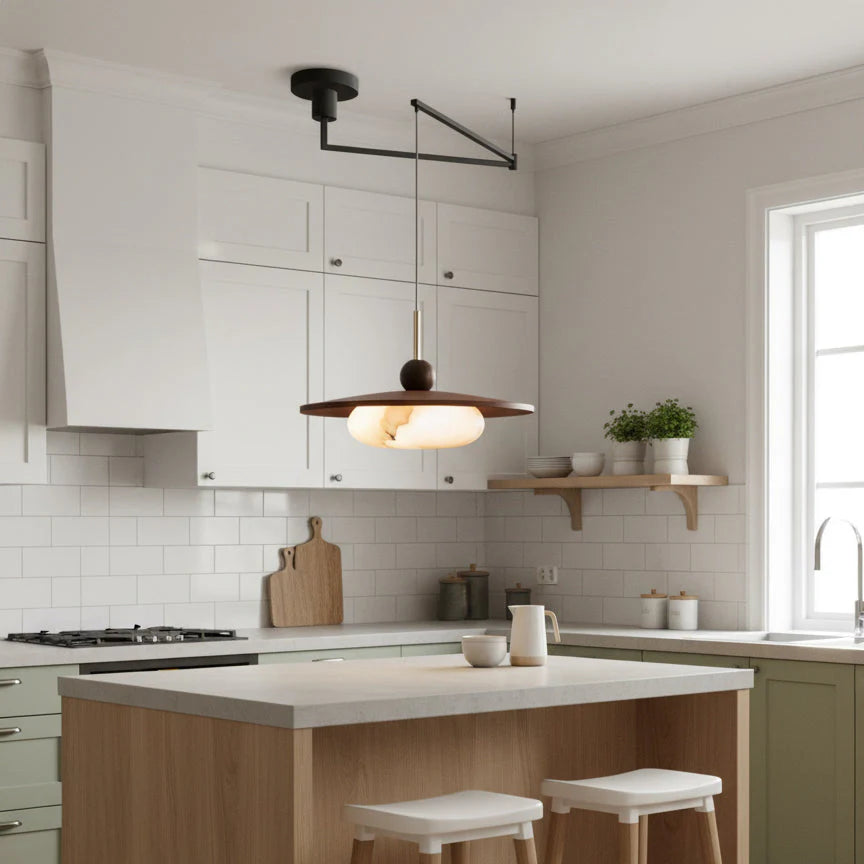 Swing Arm Pendant Light Walnut Shade | Adjustable | Qonforta