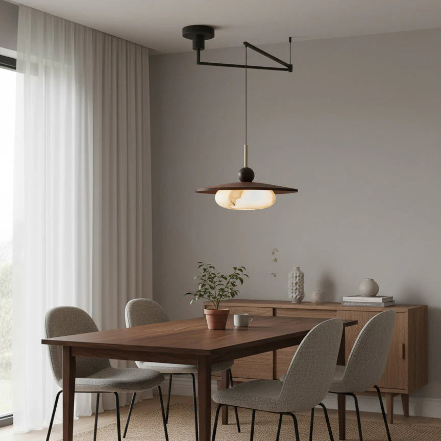 Swing Arm Pendant Light Walnut Shade | Adjustable | Qonforta