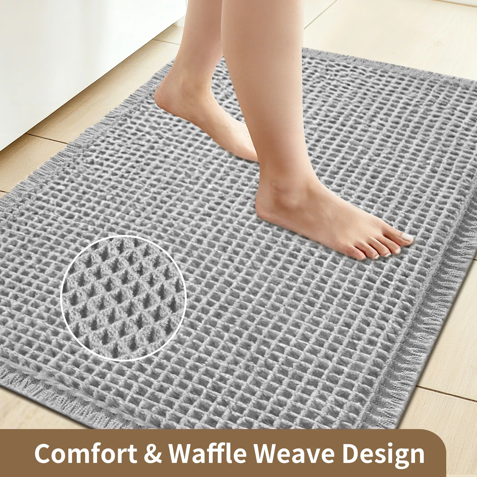 Waffle Bath Mat, Non-Slip Microfiber with Tassels | Quick-Dry Bathroom Rug | Qonforta